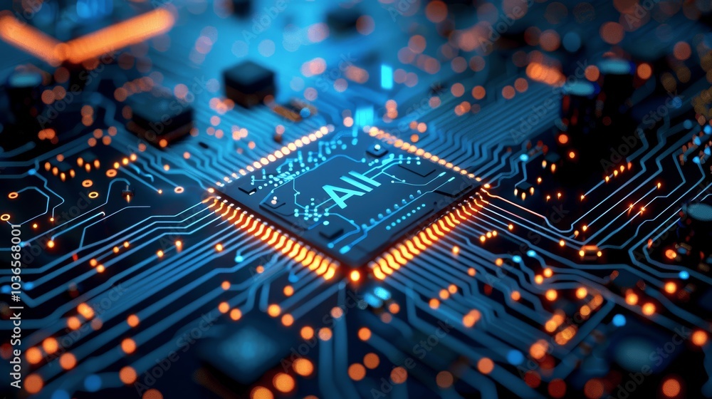 Poster ai technology circuit board with chip and text illustration, digital engineering 3d render