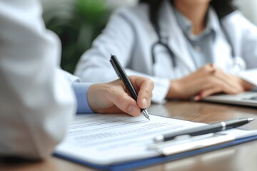 Female Doctor Writing on Medical Form During Patient Consultation at Clinic