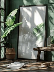 Modern Interior Design Mockup with Black Frame Poster Tropical Leaf Decoration Wooden Table Sunlight and Shadow Photography