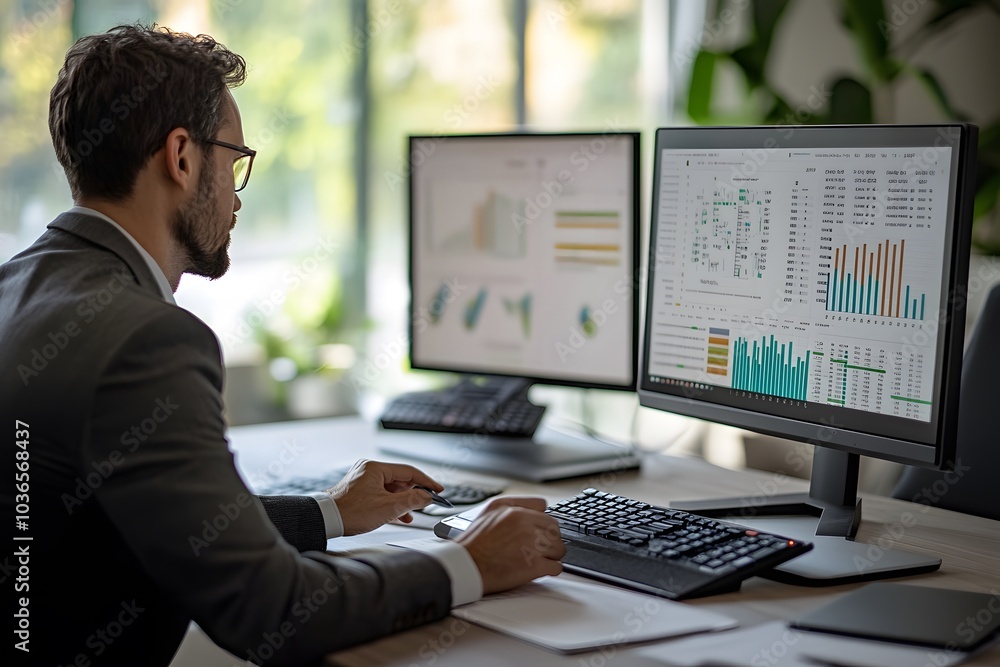 Poster businessman analyzing data on computer monitors