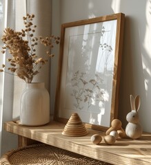 3D Render Mockup of Wood Picture Frame on Nursery Shelf with Toys Rabbit and Pyramid Ring Stack Minimalist Style White Background
