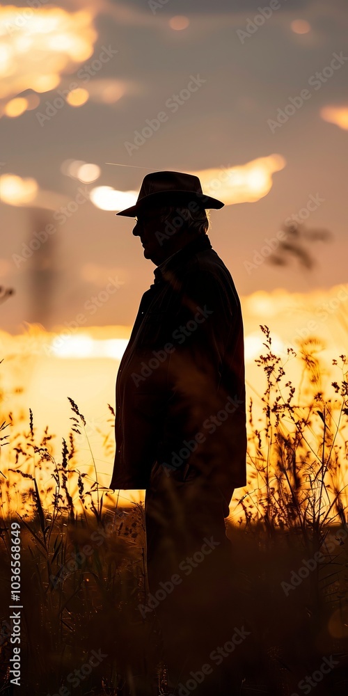 Wall mural Silhouette of a Farmer in a Field at Sunset with Dramatic Sky and Golden Light Capturing Rural Life and Agricultural Serenity