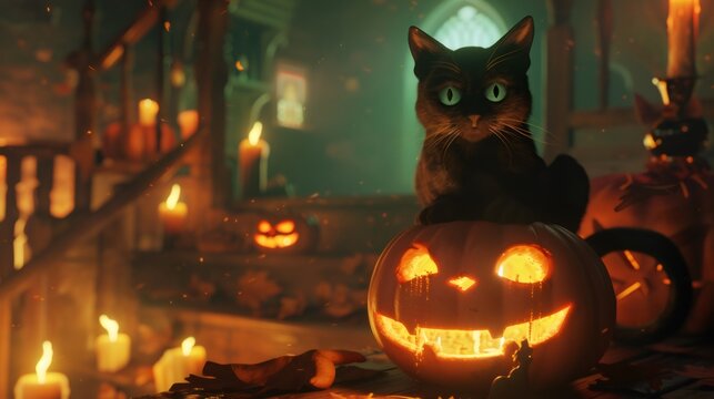 a spooky image a black cat on a carved pumpkin, with glowing eyes mirroring nearby candle flames in a dimly lit space