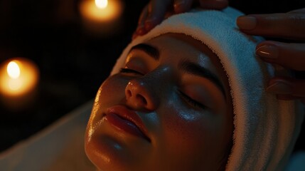 Calm spa tranquility: woman experiencing blissful facial massage for total relaxation