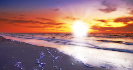 Fototapeta premium Landscape, sunset and dusk with beach and ocean for environment, travel destination and tropical. Summer vacation, water and nature with sea horizon for mediterranean coastline, holiday and paradise