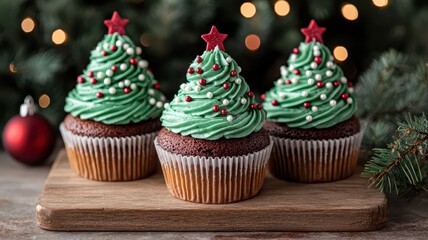 Festive cupcakes decorated like Christmas trees, featuring green frosting, red stars, and colorful sprinkles, perfect for holiday celebrations.