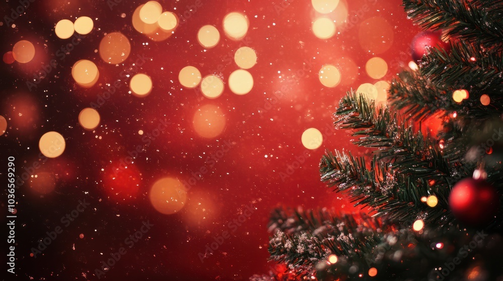 Poster christmas background with xmas tree and sparkle bokeh lights on red canvas background. merry christm