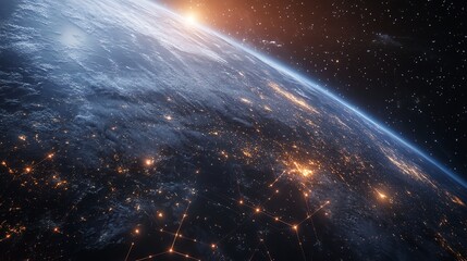 Earth planet at night. Abstract wallpaper. City lights on planet.