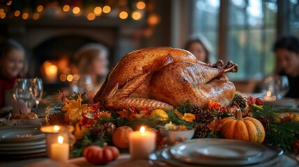 thanksgiving feast, a festive Thanksgiving table with a turkey centerpiece and autumnal decor, awaits family members
