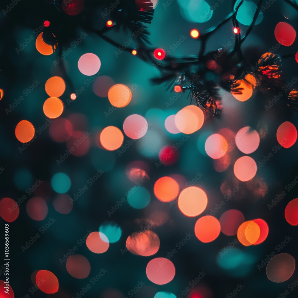 Poster an abstract representation of christmas lights creating a bokeh effect against a dark background, en