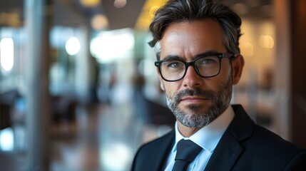 Fototapeta premium A businessman making direct eye contact with the camera, conveying trustworthiness and reliability.