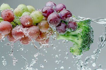 grapes, broccoli, and grapes are being soaked in water
