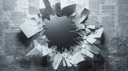 A hole in a sheet of paper with text printed on it.  The paper is ripped and torn around the hole.