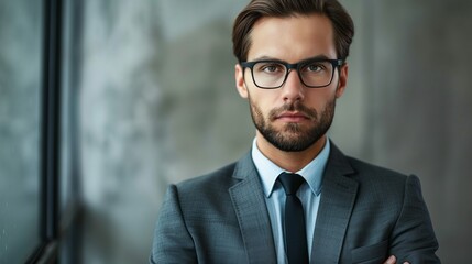 Fototapeta premium Confident Business Professional in Modern Suit with Glasses Standing in Office Environment