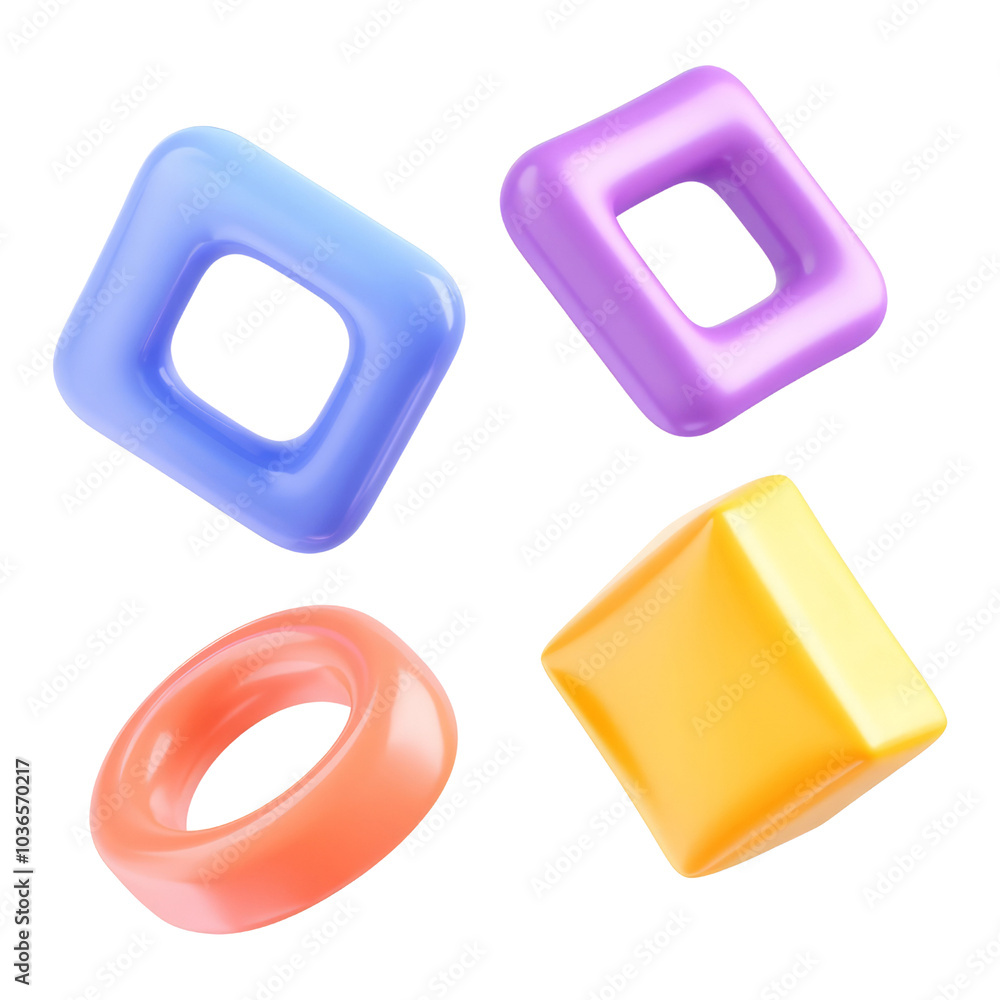 Poster set of geometric colorful gradient freeform shape form 3d render icon isolated on transparent backgr