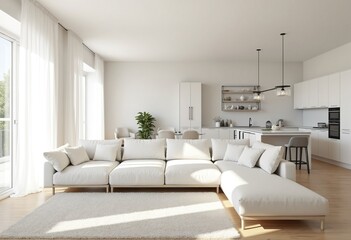 Italian style interior of a living room and kitchen in white with a wooden floor, a large sofa near a window
