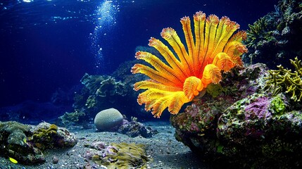 Obraz premium A vibrant yellow and orange coral polyp, with a beautiful starburst shape, sits on the ocean floor amongst other coral formations.