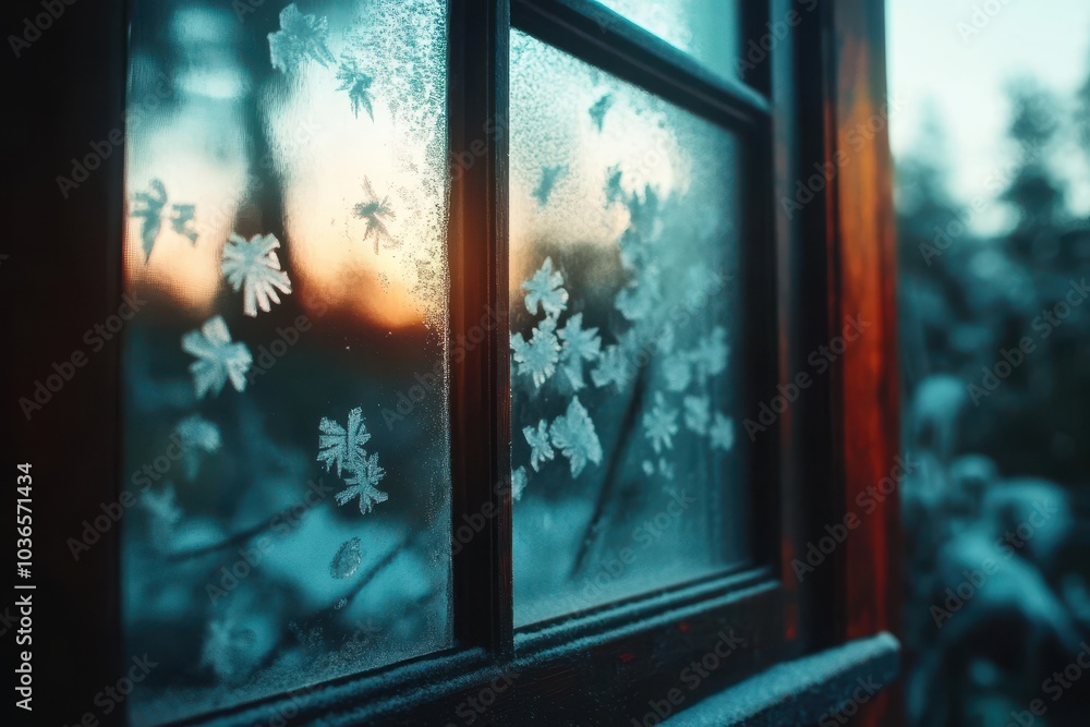 Aufkleber frosted window with intricate ice patterns reflecting a colorful sunset in a serene winter setting
