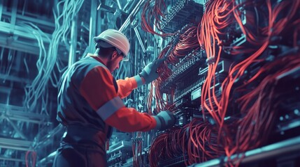 Obraz premium electrician and engineer work on an electrical circuit with many cables for communication and data transfer