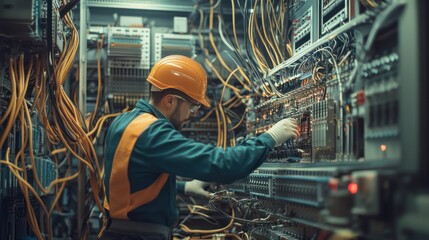 electrician and engineer work on an electrical circuit with many cables for communication and data transfer