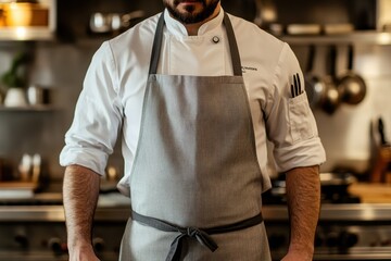 Chef in a modern kitchen wearing a gray apron prepares for culinary tasks in a bustling environment