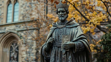 Obraz premium The Saint Edward statue, adorned with elaborate details, majestically embodies historical significance and artistry in an urban landscape.