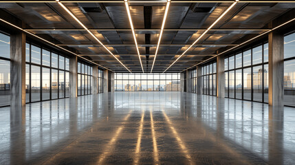 Spacious industrial interior with grid ceiling lights and large windows overlooking the city