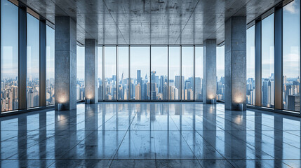 Fototapeta premium Modern empty office space with panoramic city views and polished floors