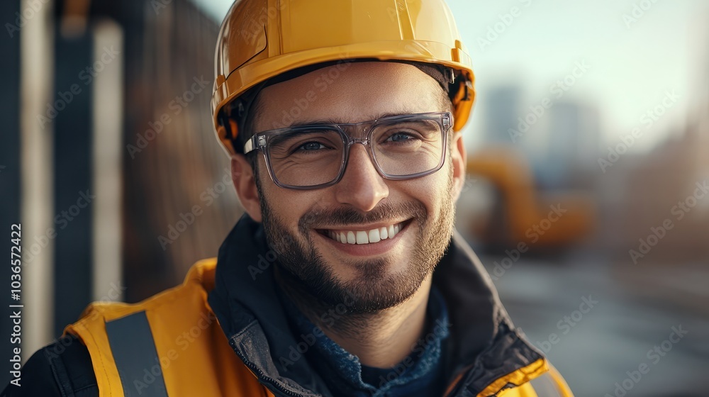Poster generative ai image of a smiling construction worker with glasses