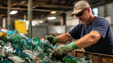 Glass recycling workshop: sorting broken glass by color while maintaining safety protocols