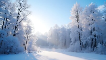 Snowy Forest Path with Sunlight in Dreamy Winter Landscape