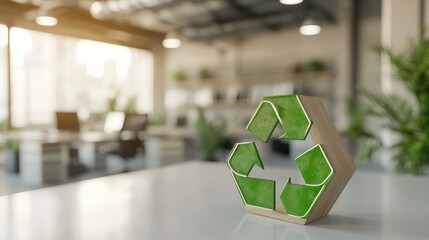 Green recycle symbol icon sign with professional environment background to represent recycling or sorting of waste at office and for working people