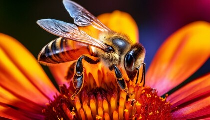 A macro shot of a honeybee collecting nectar from a bright flower.