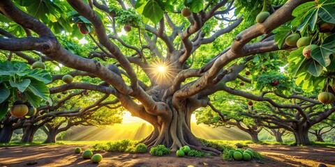 A Majestic Ancient Tree With Sunbeams Filtering Through Its Canopy, Illuminating The Lush Greenery and Fruit-Bearing Branches
