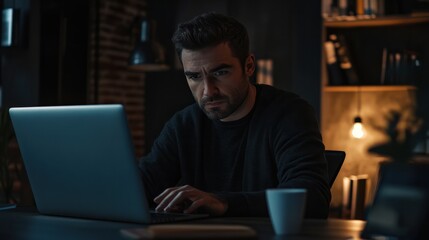 Handsome focused man working using laptop sitting at office desk table in coworking workspace. Businessman freelancer, executive manager or employee making report, searching . Vertical, Generative AI