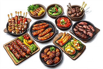 A vibrant food market features an array of mouthwatering dishes, with lively grills and captivating scents creating a feast for the senses.