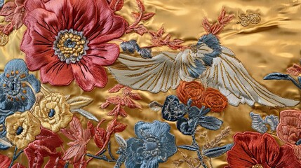 Detailed Embroidered Floral Pattern on Golden Fabric