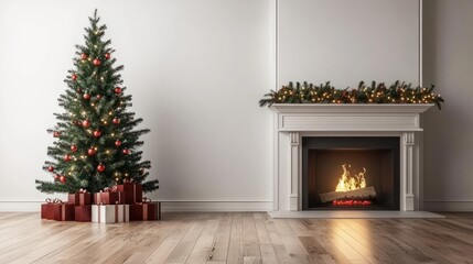 Holiday able with christmas tree and fireplace wit h copy space