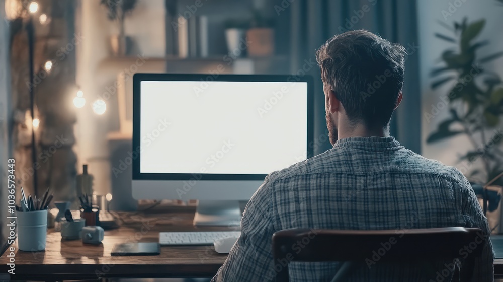 Aufkleber in this mockup, a man is working on a computer with a blank screen on an office table