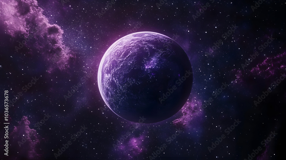 Poster a purple planet is floating in space. the sky is filled with stars and the planet is surrounded by a