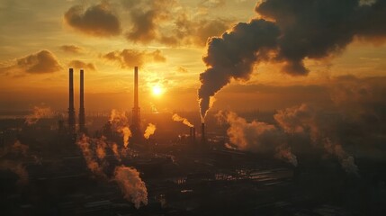Fototapeta premium Industrial facility releasing smoke into the air during sunset, highlighting environmental pollution and industrial activities. Emphasis on the contrast between nature and industrialization