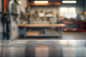 Metal blank tabletop in auto ware house. Garage blurred background with copy space	