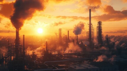 Industrial scene with smoke and flames at sunset, highlighting environmental impact and urban landscape.