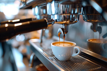 Espresso machine pours fresh black coffee closeup. Coffee extraction from a professional coffee machine with a bottomless filter. 