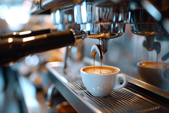 Espresso machine pours fresh black coffee closeup. Coffee extraction from a professional coffee machine with a bottomless filter.	