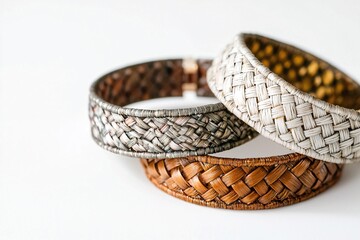 Fototapeta premium An intricately patterned woven bracelet rests on a pristine backdrop, emphasizing its exquisite craftsmanship and stylish design.