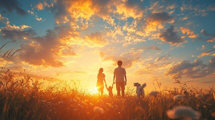 Fototapeta premium Family Enjoying Sunset with Their Dog in Field
