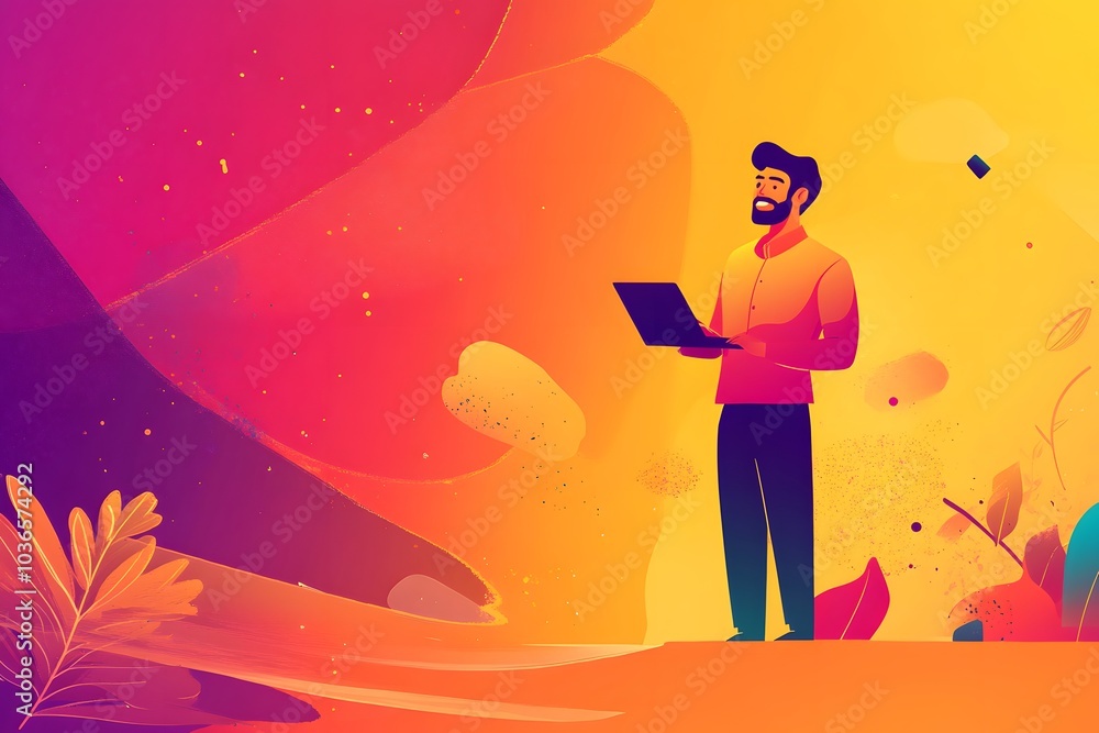 Poster a man with a beard holds a laptop in front of an abstract background