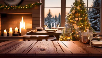 Holiday table with Christmas tree and fireplace