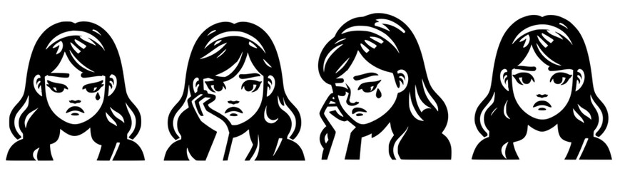 Four vector illustrations of sad girl